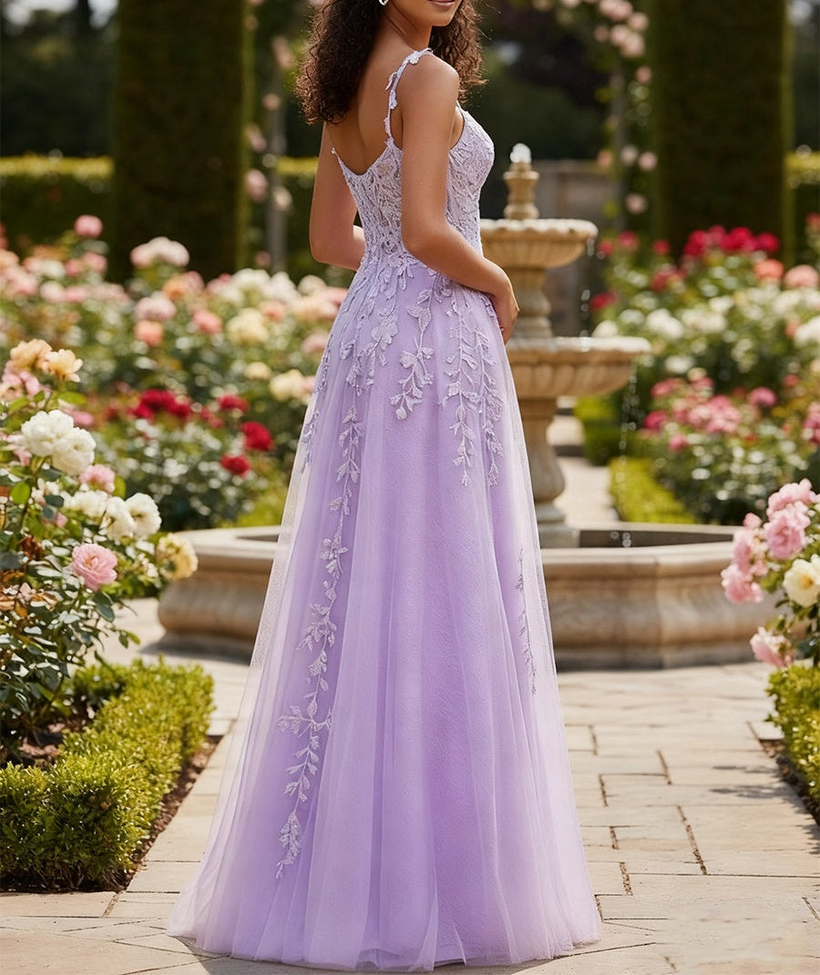 A Line V Neck Tulle Long Prom Dress with Appliqued Beading