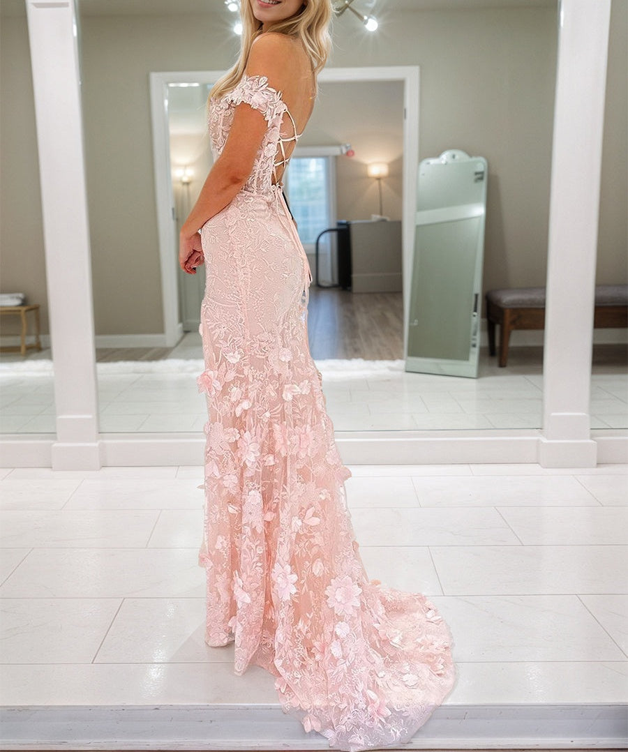 3D Floral Lace Off the Shoulder Corset Long Prom Dress with Slit