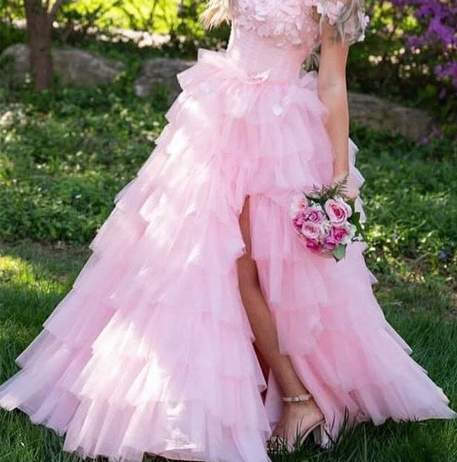 3D Floral Lace Off-the-Shoulder Ruffle Tiered Prom Dress