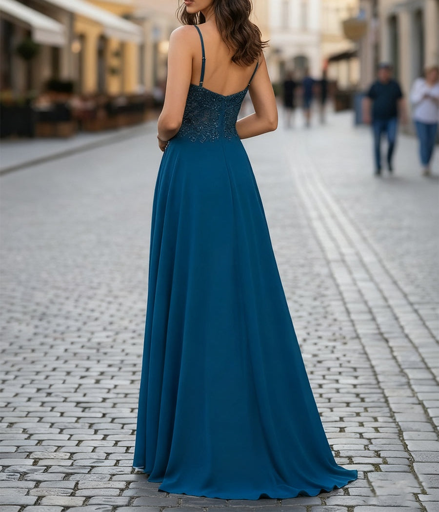 A Line V-Neck Appliques Lace Chiffon Corset Prom Dress with Slit
