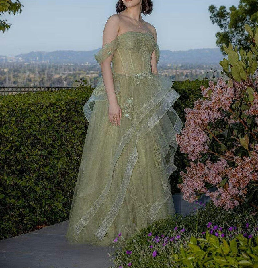 A Line Off-the-Shoulder Appliques Lace Tulle Long Corset Prom Dress