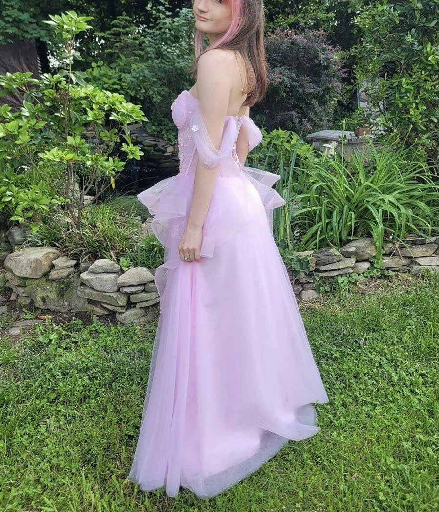 A Line Off-the-Shoulder Appliques Lace Tulle Long Corset Prom Dress