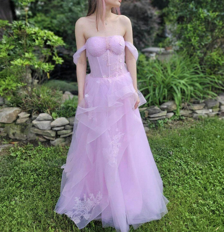 A Line Off-the-Shoulder Appliques Lace Tulle Long Corset Prom Dress