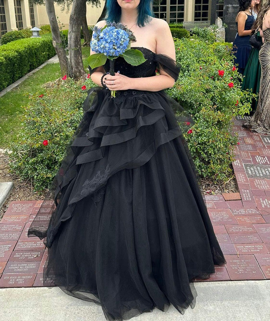 A Line Off-the-Shoulder Appliques Lace Tulle Long Corset Prom Dress