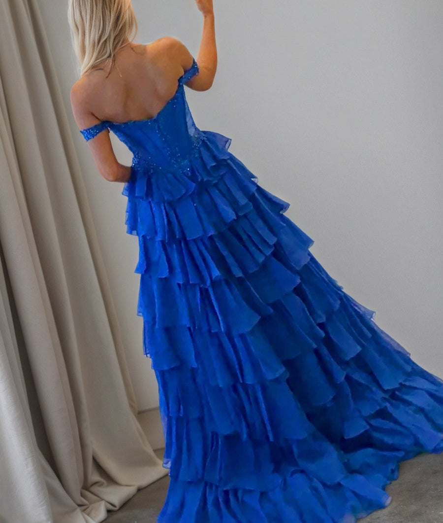 A Line Lace Embroidery Tiered Long Prom Dress with Slit