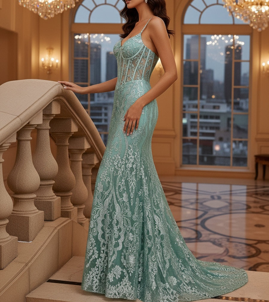 Mermaid V Neck Sheer-Corset Long Glitter-Print Prom Dress