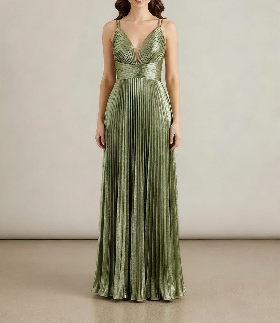 A Line V-Neck Long Prom Dresses with Pleated