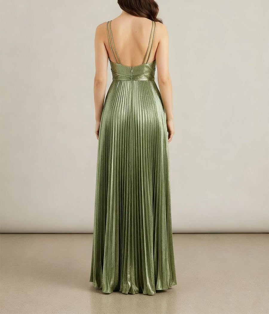 A Line V-Neck Long Prom Dresses with Pleated