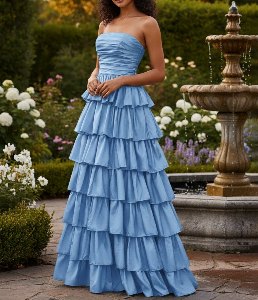 Strapless A Line Satin Tiered Long Prom Dress with Slit