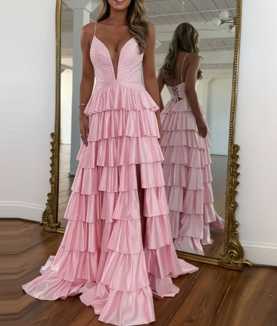 A Line Spaghetti Straps V Neck Satin Long Prom Dress with Slit