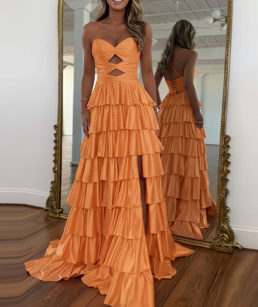 A Line Spaghetti Straps Sweetheart Satin Long Prom Dress with Keyhole