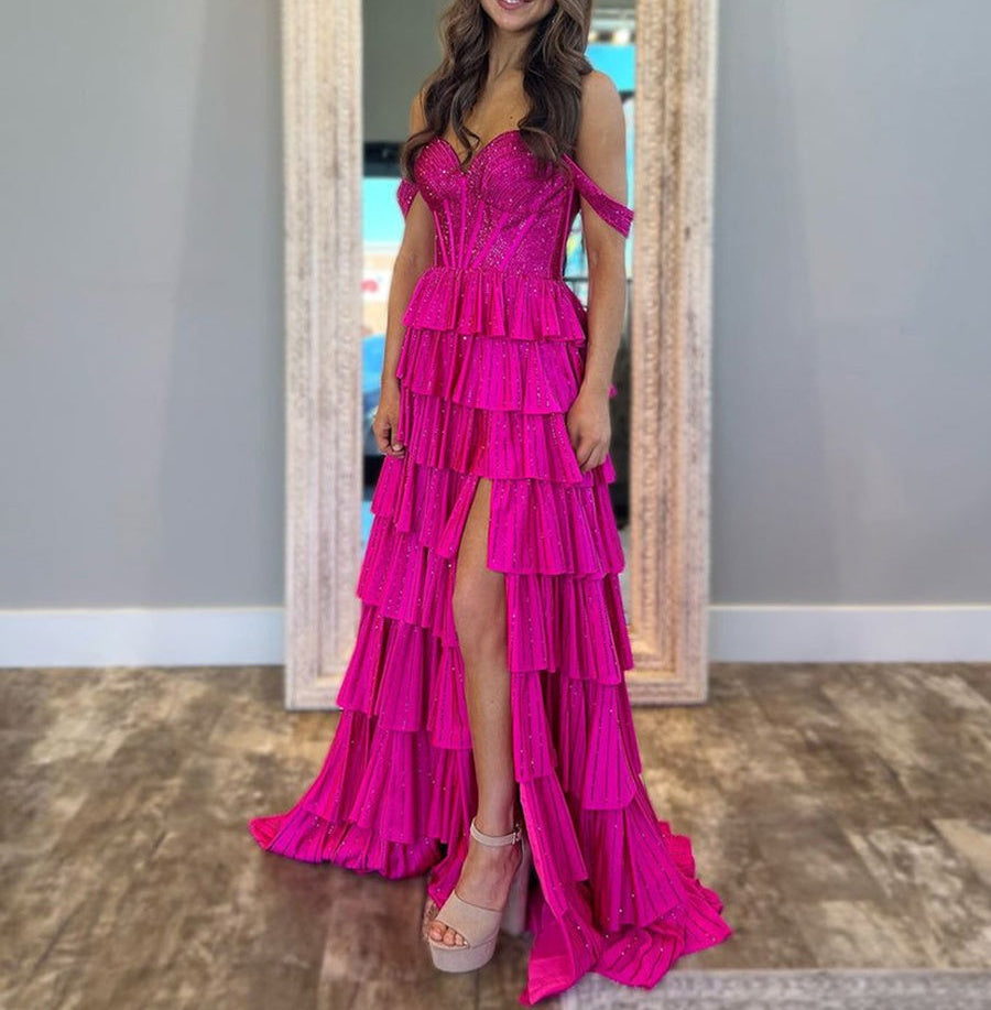 A Line Off the Shoulder Tiered Beaded Prom Dress with Slit