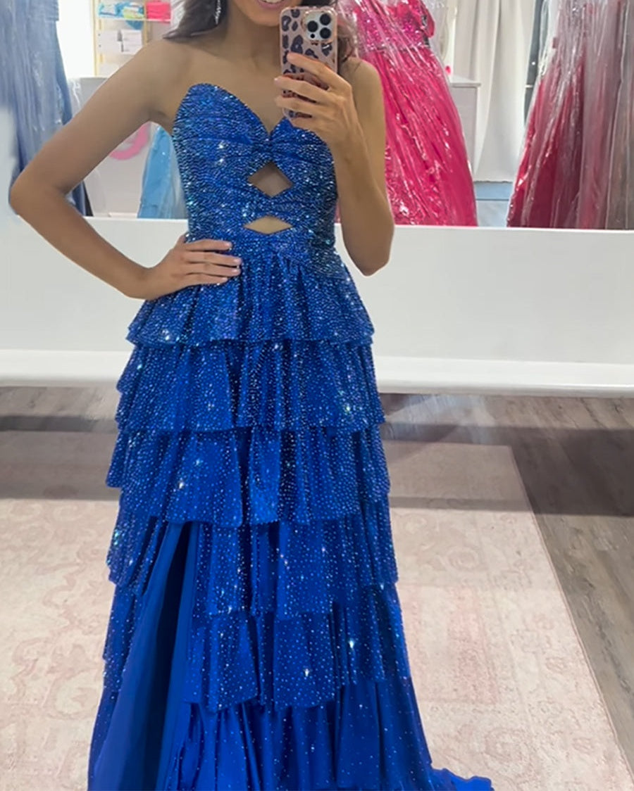 A Line Strapless Sweetheart Satin Long Prom Dress with Keyhole