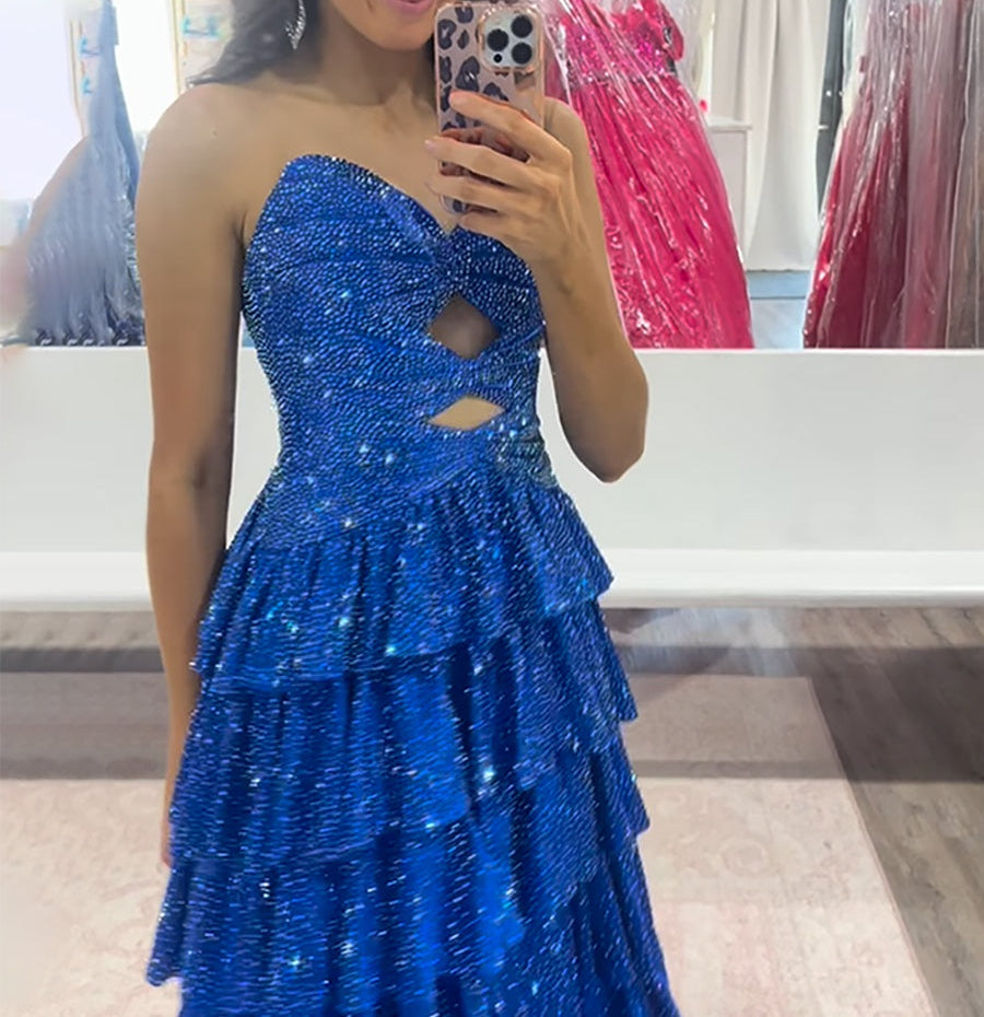 A Line Strapless Sweetheart Satin Long Prom Dress with Keyhole