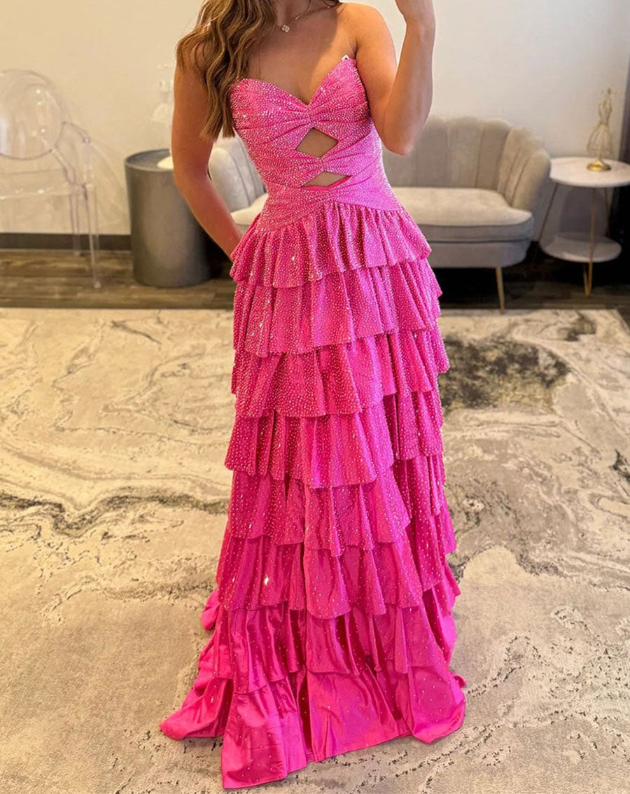 A Line Strapless Sweetheart Satin Long Prom Dress with Keyhole