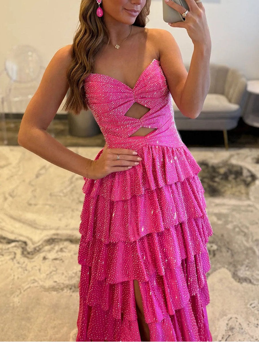 A Line Strapless Sweetheart Satin Long Prom Dress with Keyhole