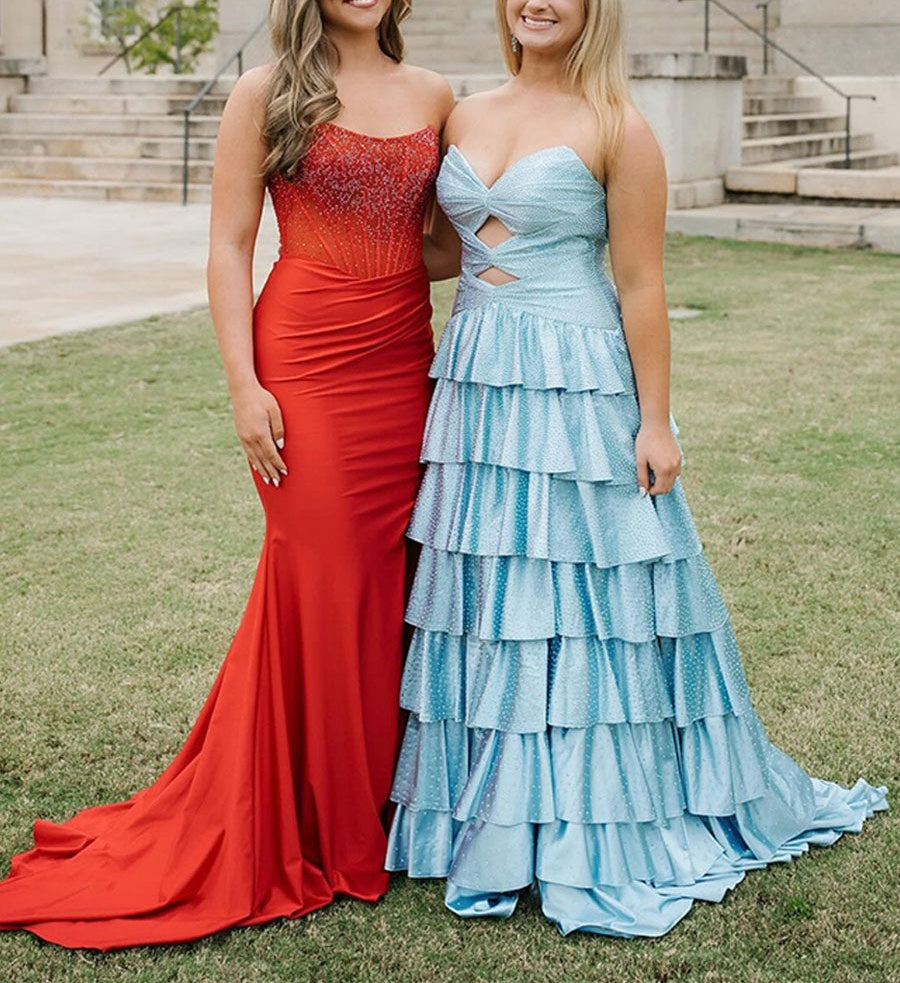 A Line Strapless Sweetheart Satin Long Prom Dress with Keyhole