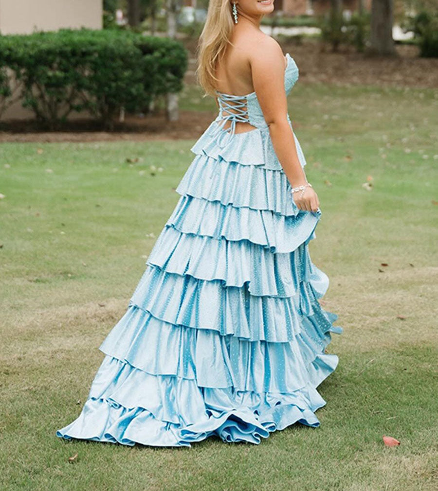 A Line Strapless Sweetheart Satin Long Prom Dress with Keyhole