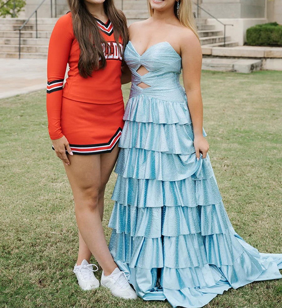 A Line Strapless Sweetheart Satin Long Prom Dress with Keyhole