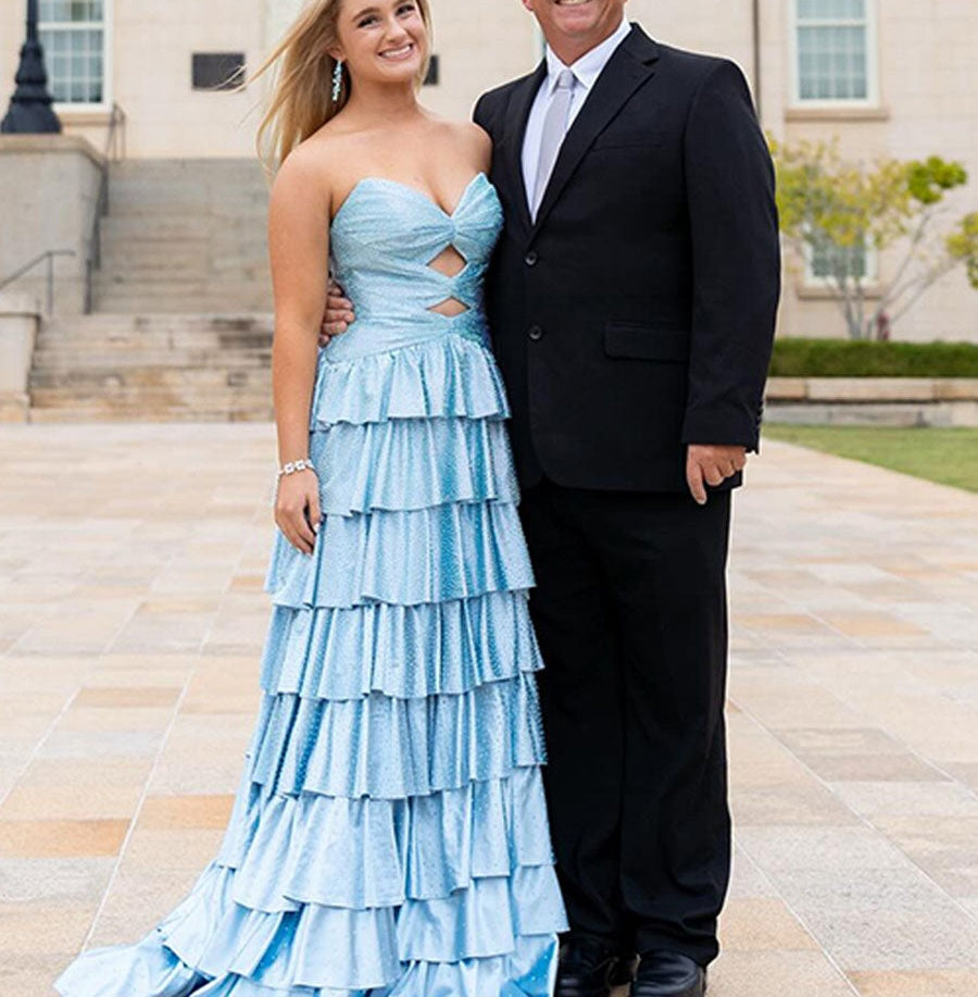 A Line Strapless Sweetheart Satin Long Prom Dress with Keyhole