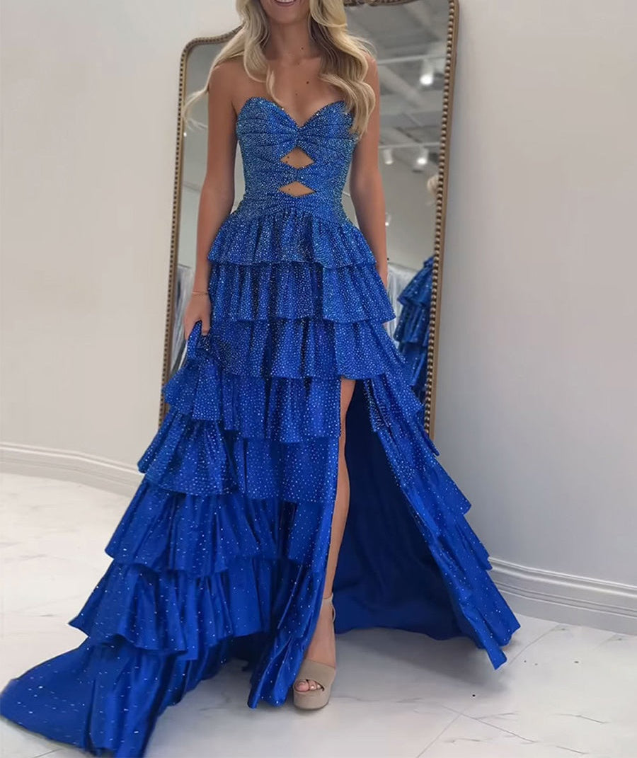 A Line Strapless Sweetheart Satin Long Prom Dress with Keyhole