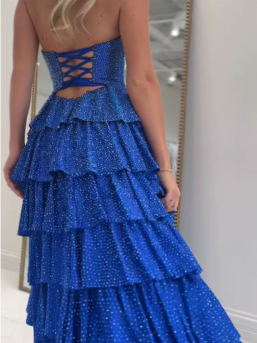 A Line Strapless Sweetheart Satin Long Prom Dress with Keyhole