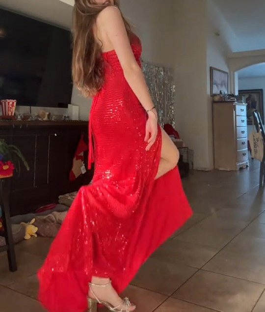 Sparkly Red Mermaid Spaghetti Straps Long Prom Dresses with Slit