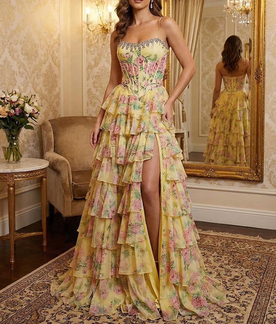 Whimsical Pink Floral Tiered Ruffles Corset Prom Dress with Slit