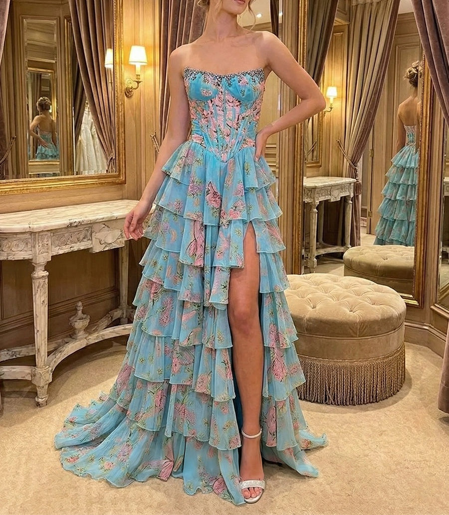 Whimsical Pink Floral Tiered Ruffles Corset Prom Dress with Slit