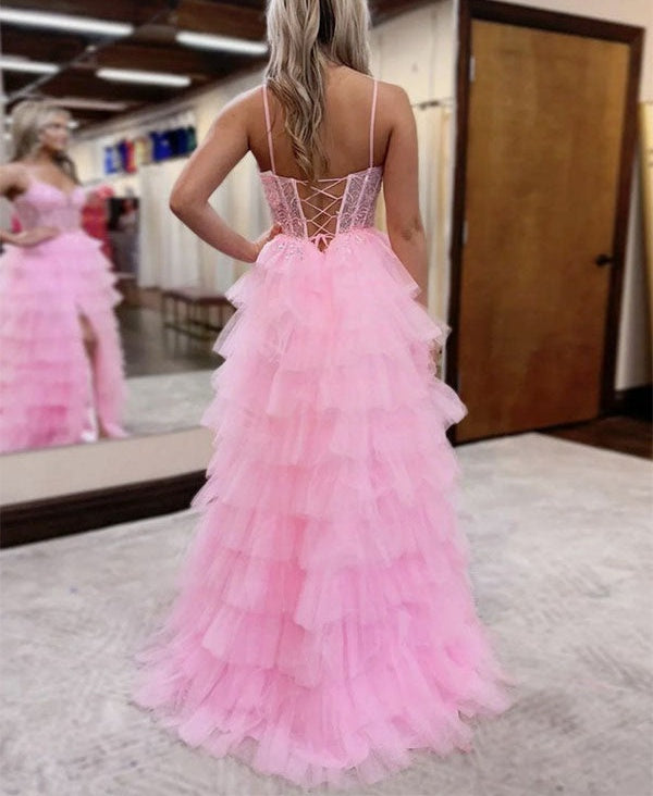 Pink Tulle Tiered Corset Long Prom Dress with Slit