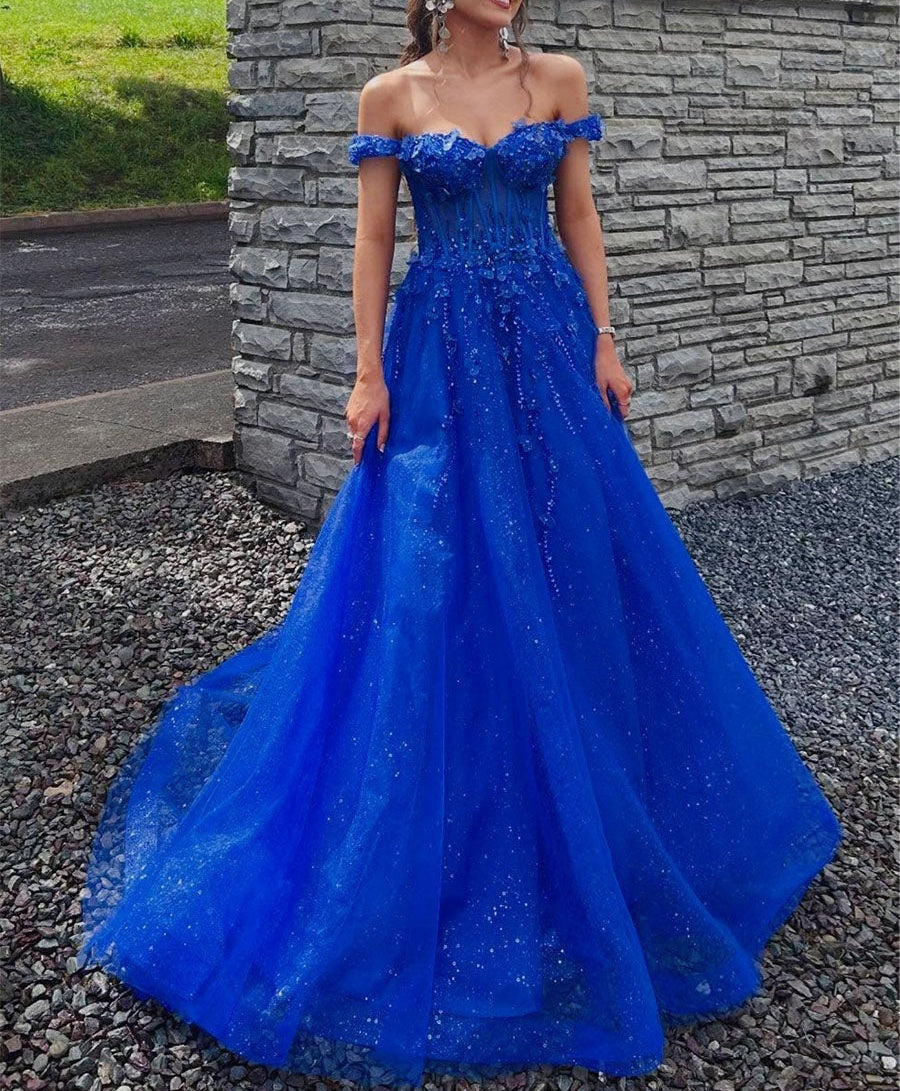 Royal Blue Glitter Off The Shoulder Corset Prom Dress