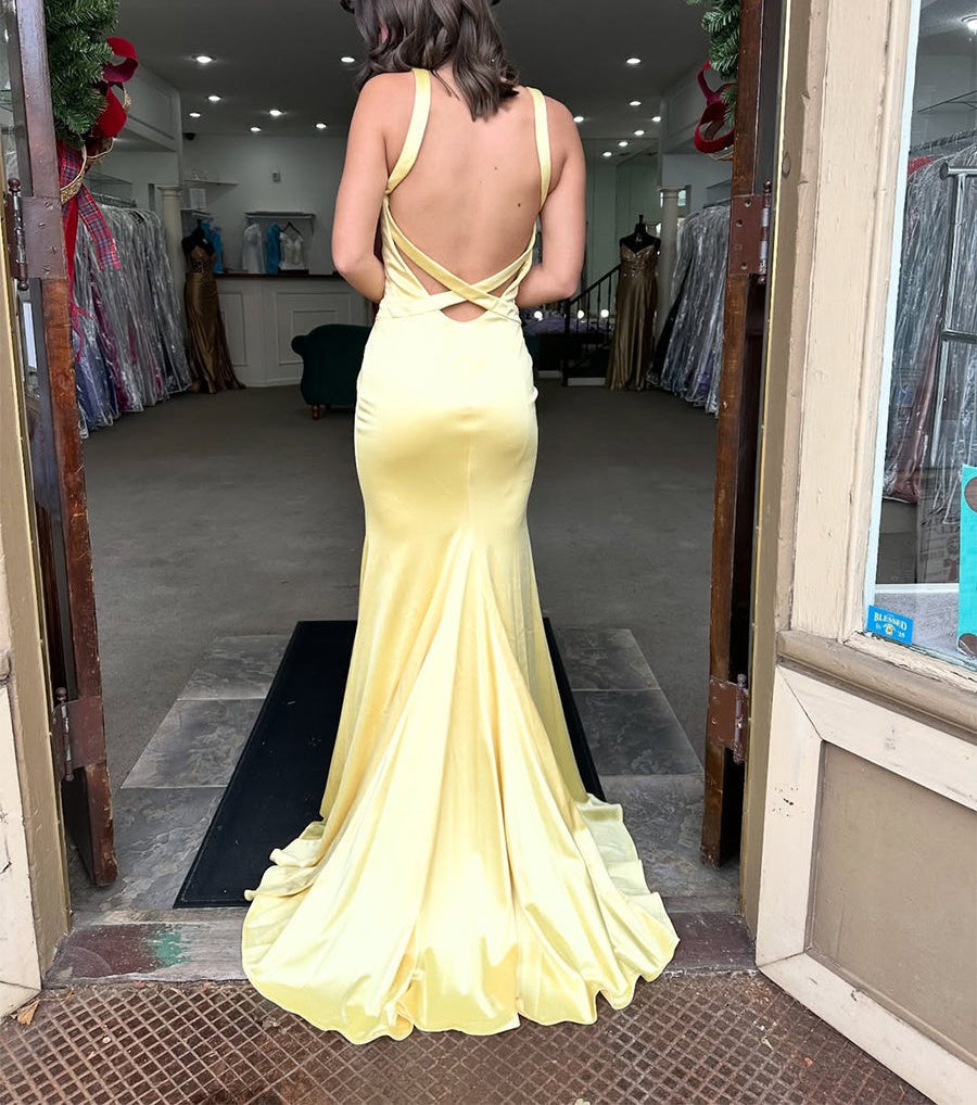 Yellow Satin V-Neck Mermaid Long Prom Dress