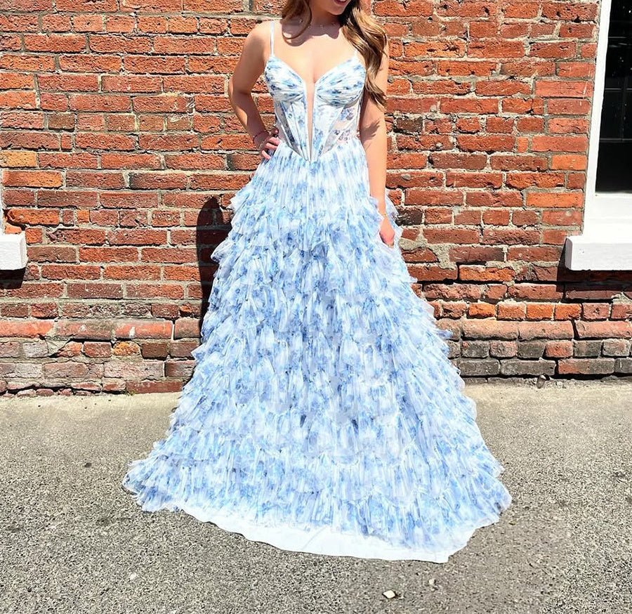 Whimsical Blue Floral Tiered Ruffled Corset Prom Dress