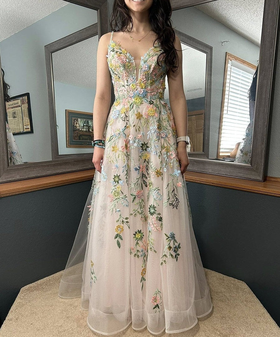 Whimsical Pastel Blush Floral Embroidered Tulle Long Prom Dress