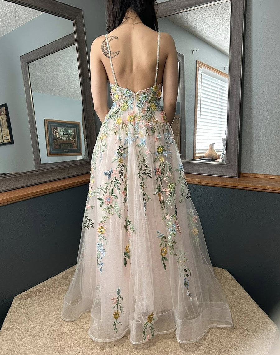 Whimsical Pastel Blush Floral Embroidered Tulle Long Prom Dress