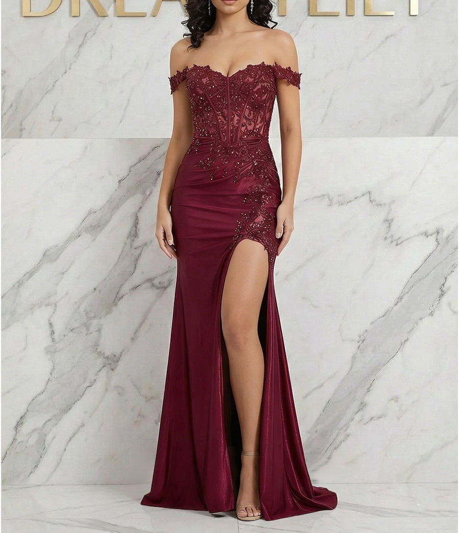 Burgundy Off-the-Shoulder Lace Corset Prom Dress with Slit