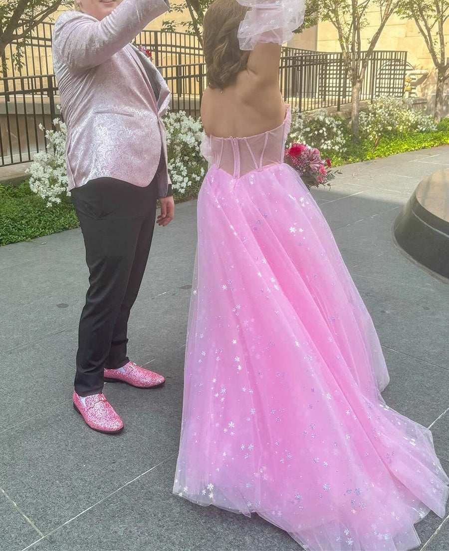 Pink Star Tulle Strapless Puff Sleeves Corset Prom Dress