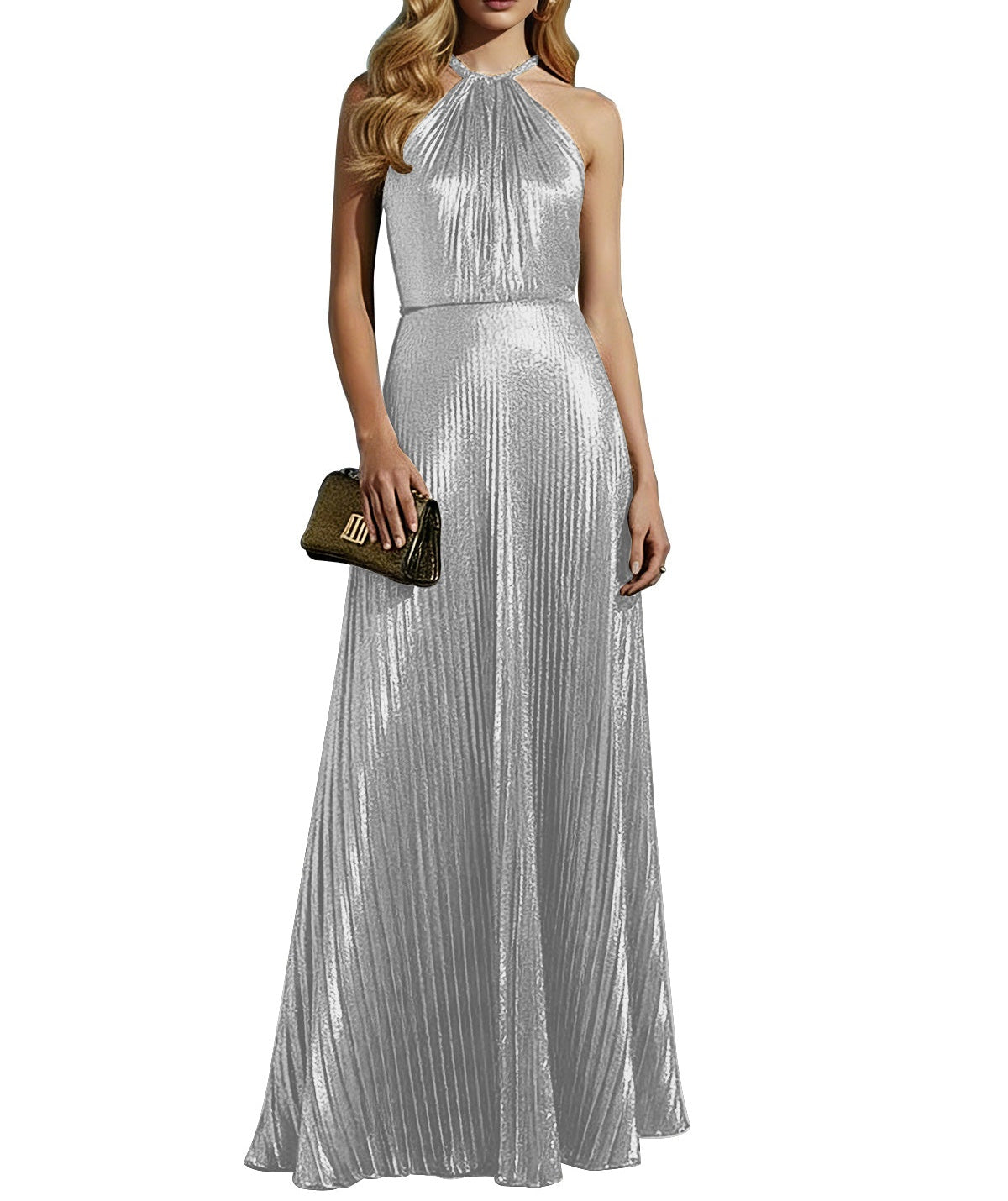 Luxurious Champagne-Gold Pleated Halter Long Prom Dress