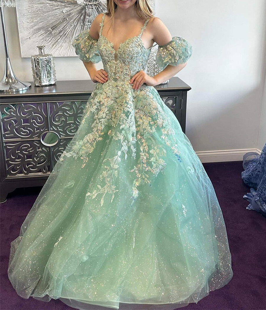 Sage Green Floral Glitter Tulle Prom Dress with Puff Sleeves