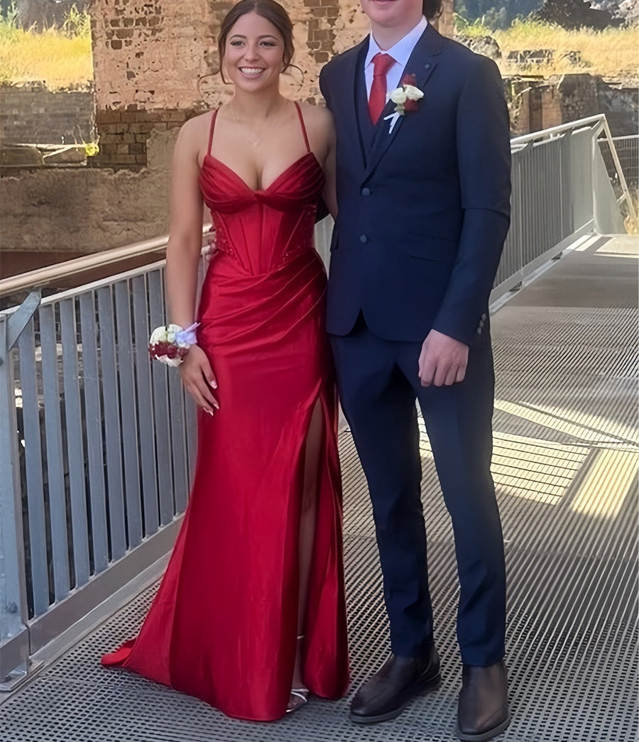 Red Spaghetti Straps Satin Long Corset Prom Dress with Slit