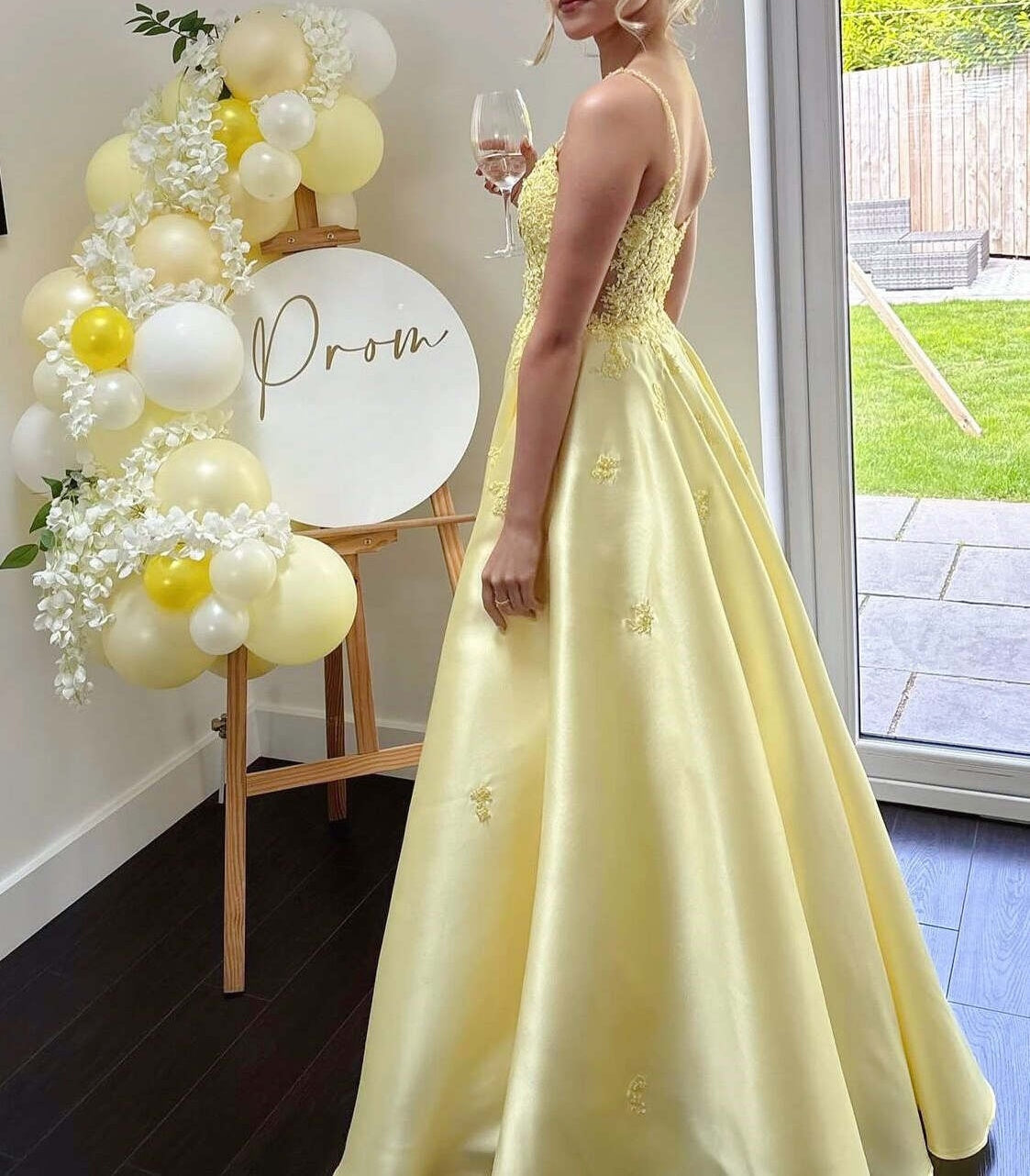 Yellow Floral Appliqué Satin A-Line Long Prom Dress