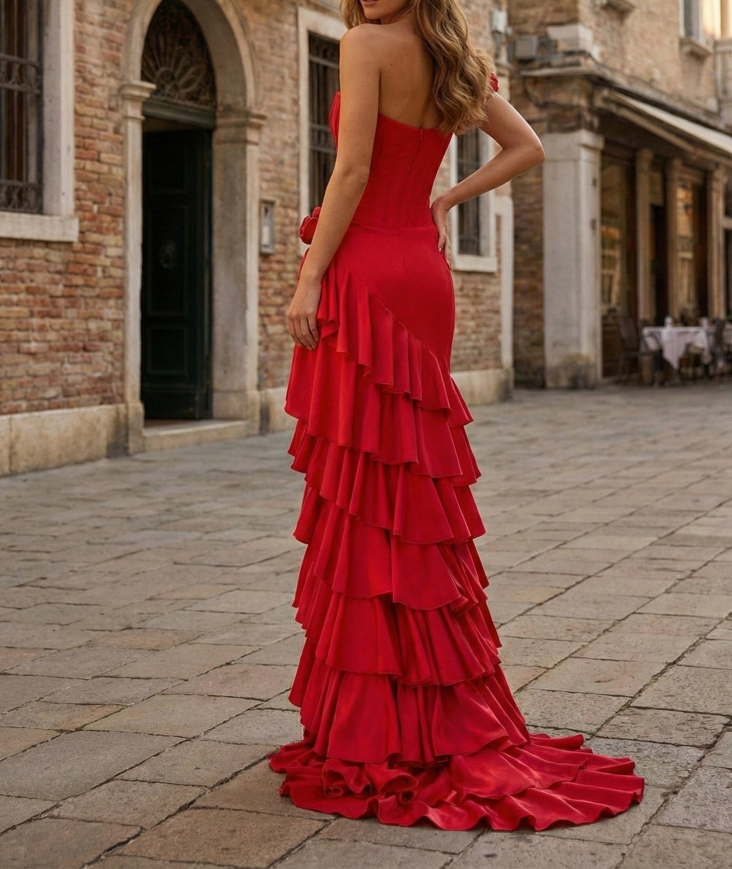 Red Ruffled Corset High-Low Long Prom Dress with Rosette