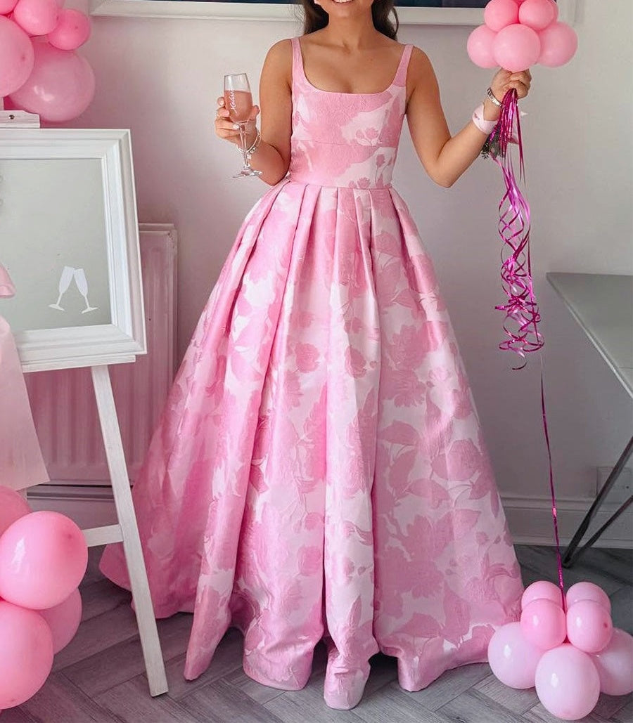 Pink Floral Jacquard Square Neck A-Line Prom Dress