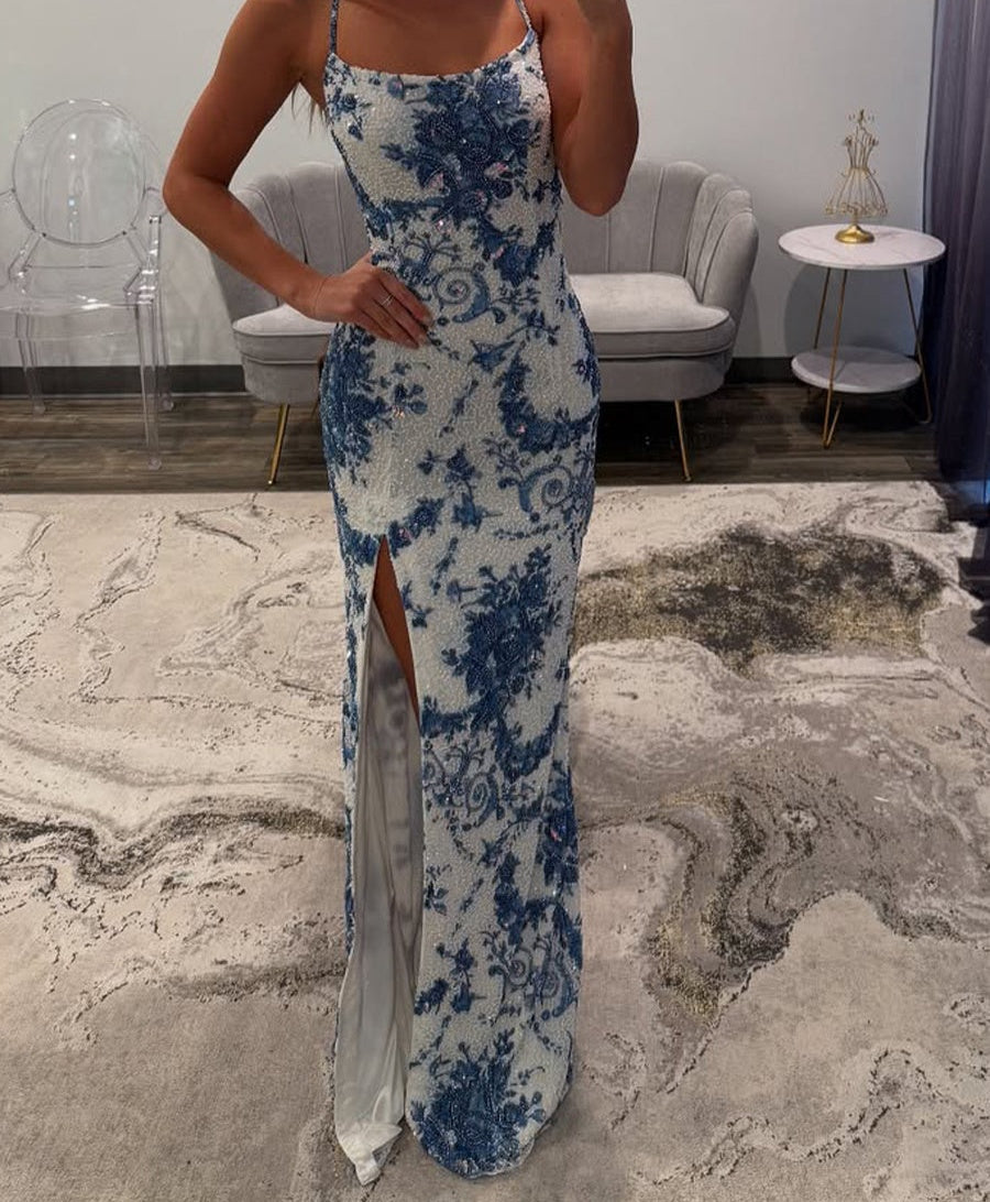 Blue Porcelain Print Spaghetti Straps Beaded Long Prom Dress with Slit