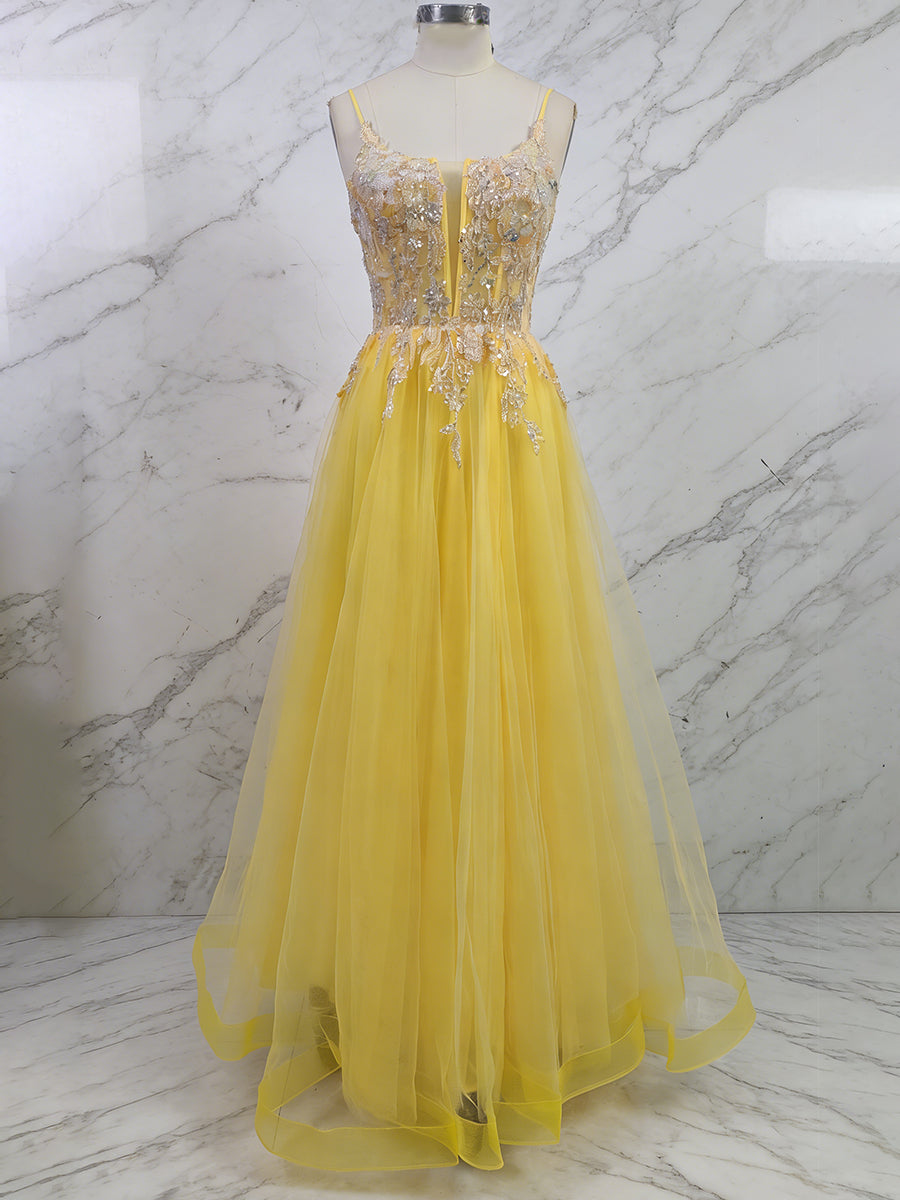 Yellow Metallic Lace Appliqué Tulle Long Prom Dress with Slit