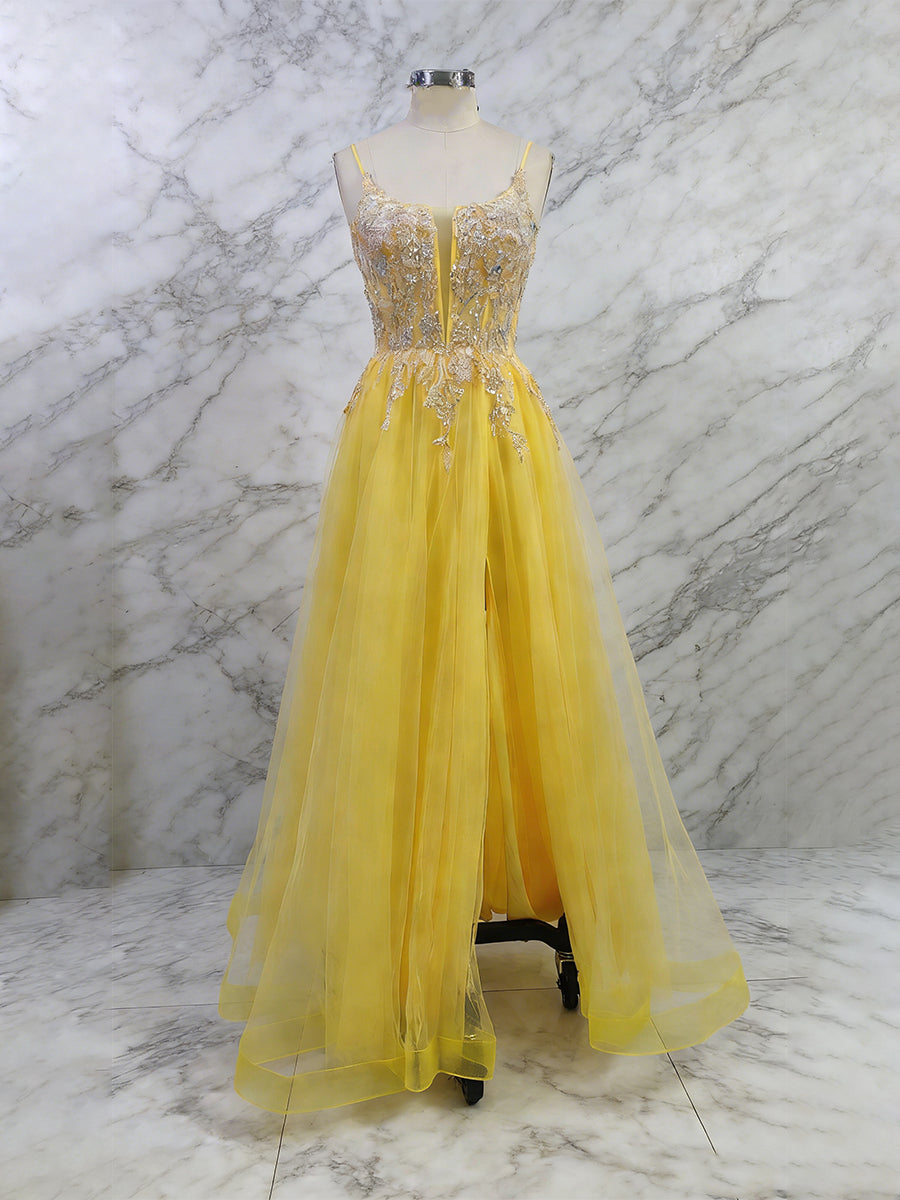 Yellow Metallic Lace Appliqué Tulle Long Prom Dress with Slit