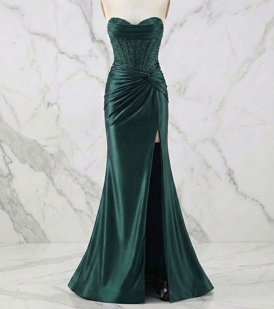 Glamorous Strapless Beaded Corset Satin Prom Dress with Slit