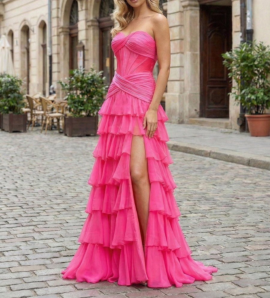 Hot Pink Strapless Ruffled Tiered Corset A-Line Prom Dress with Slit