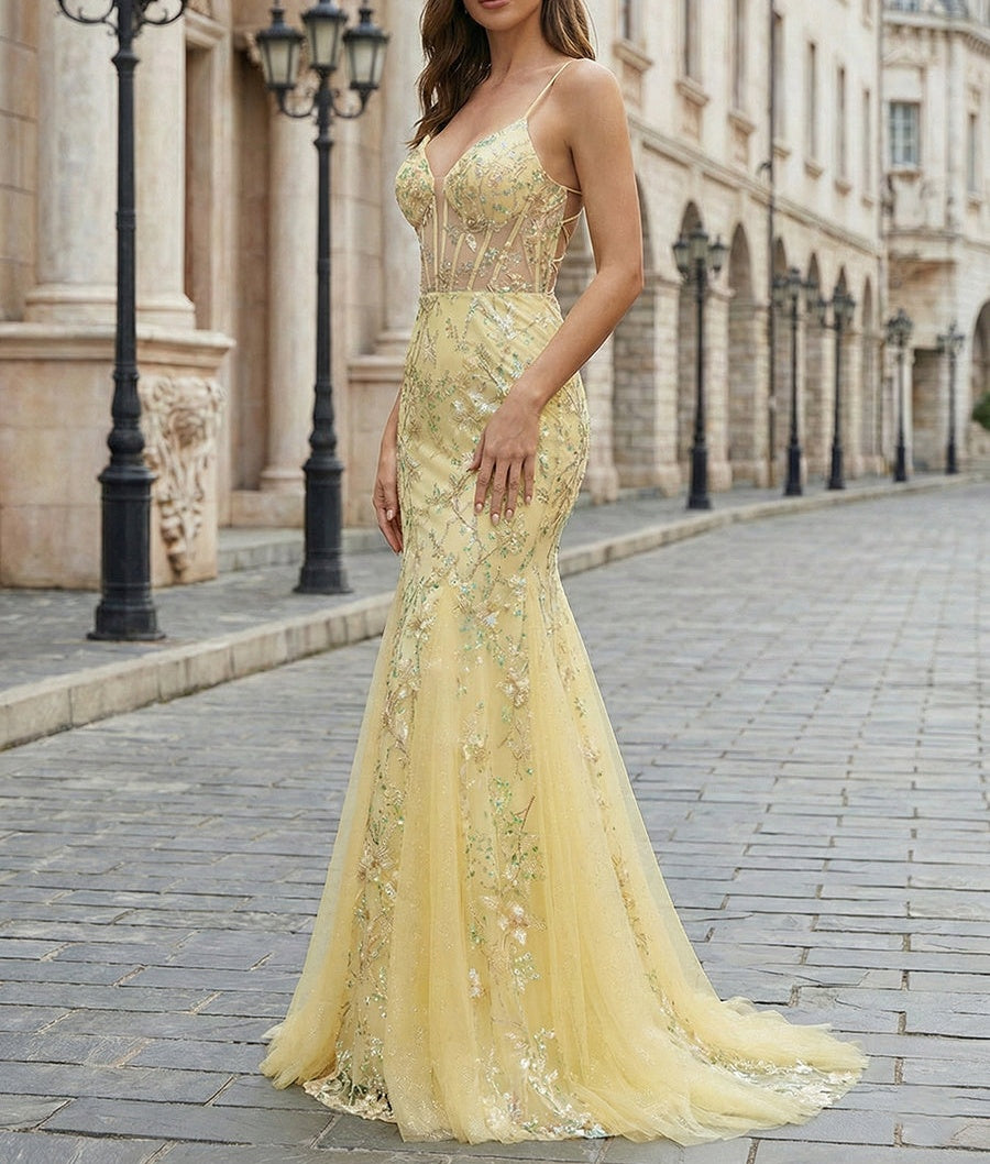 Yellow Floral Sweetheart Spaghetti Straps Corset Mermaid Prom Dress