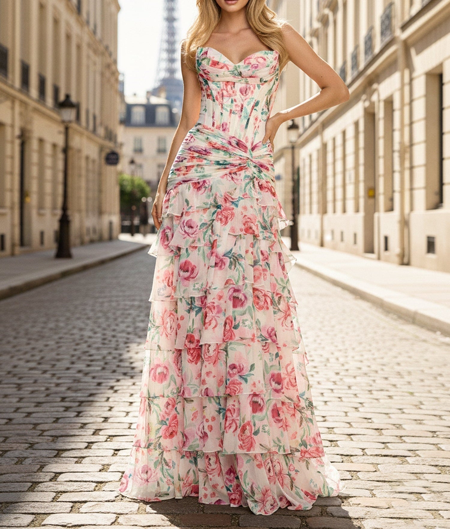 Pink Floral Strapless Sweetheart Tiered Ruffle Corset Prom Dress
